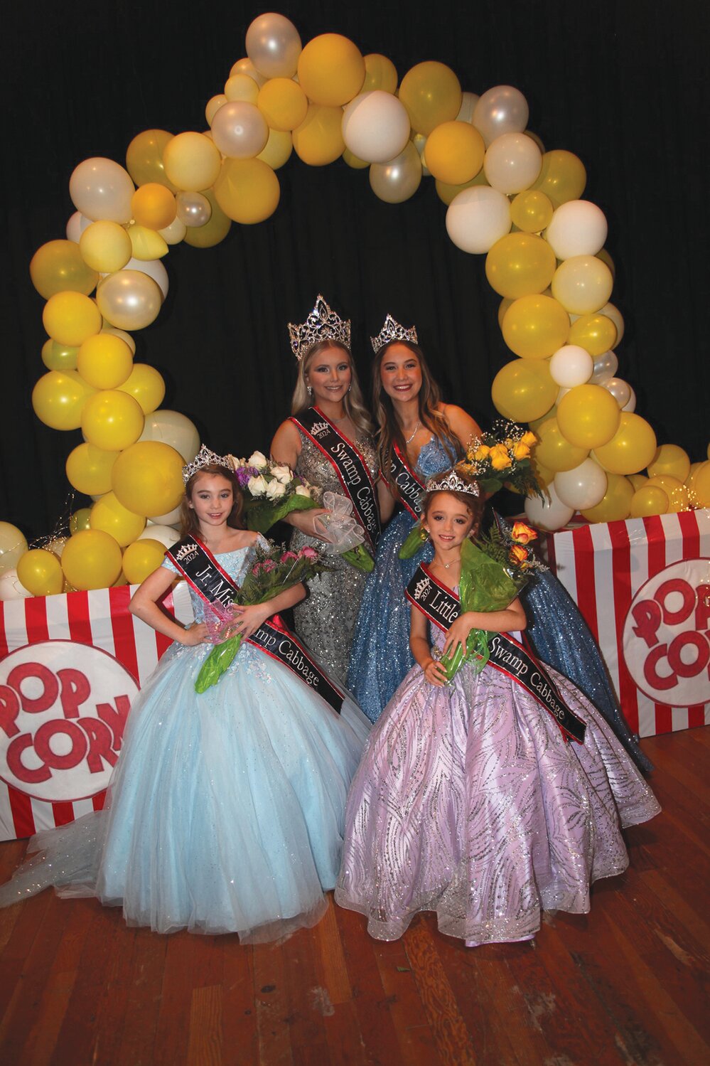 Winners of the 2024 Swamp Cabbage Queen & Princess Pagent held Feb. 3: Jr. Miss Remington Ergle (front left), Little Miss Elizabeth Drew Scalzi (front right), Queen Emmalee Grace (back left), Princess Micha Ross (back right). [Photo by Jerri Blake]